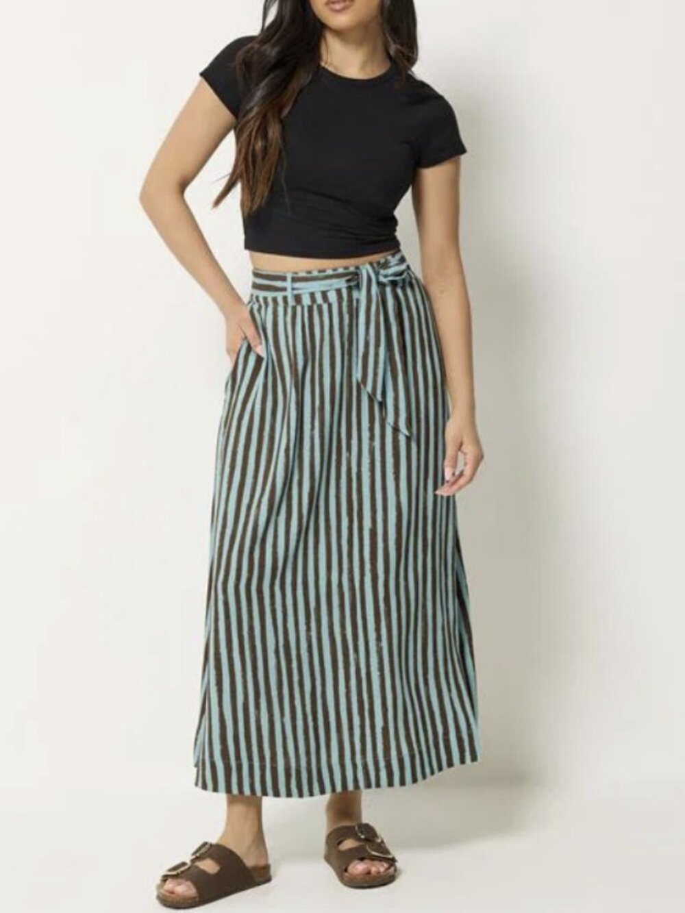 NWT PixieGirl Petite Brown Stripe Belted Maxi Skirt 2P
